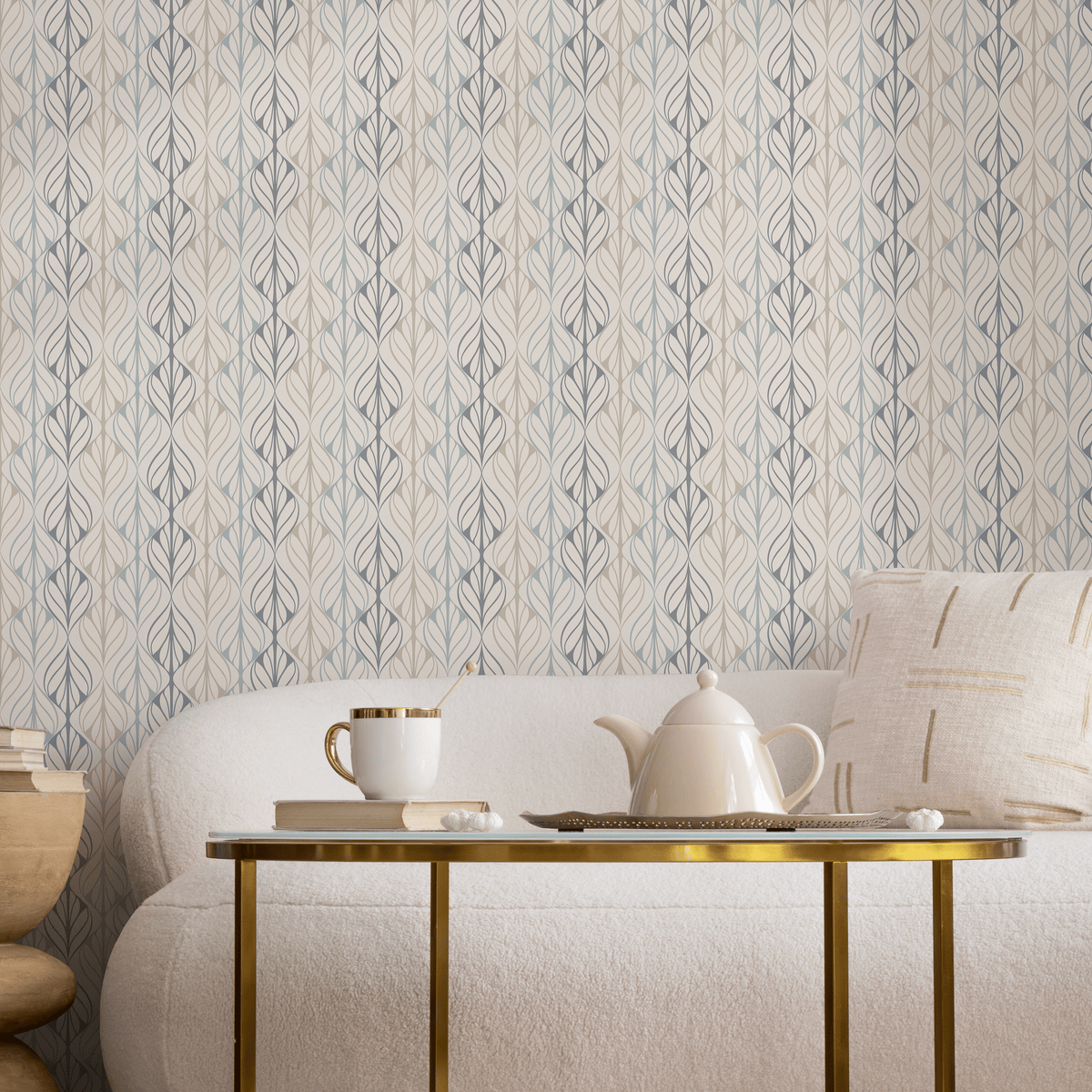 Art Deco Wallpaper with a Stylized Leaf Motif in Beige and Blue - detail view