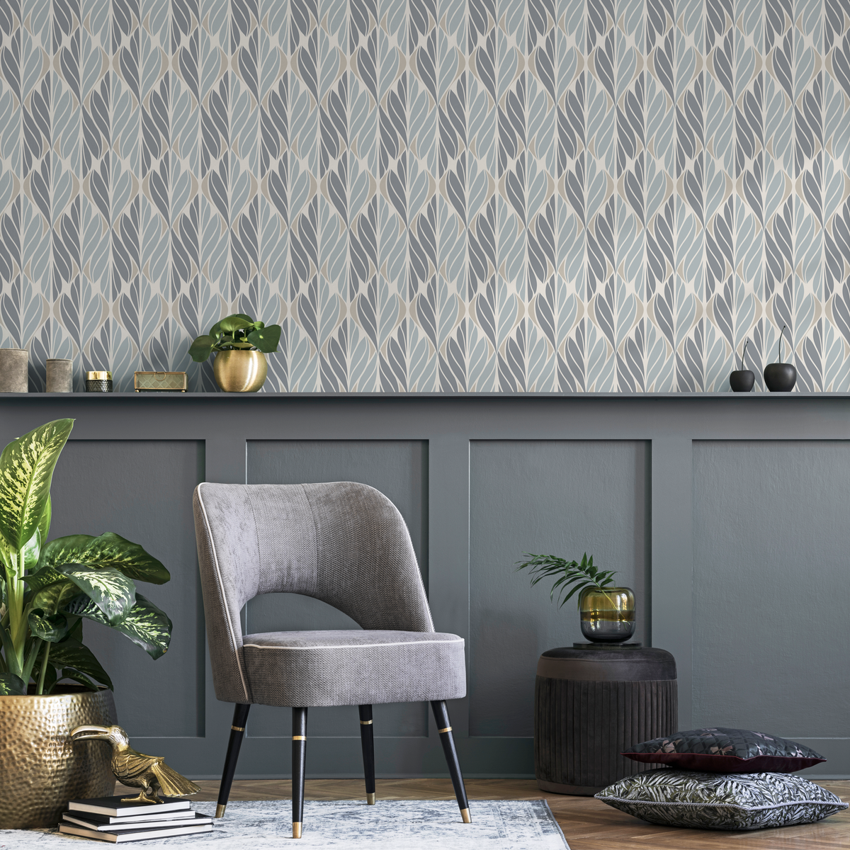 Art Deco Wallpaper with a Stylized Leaf Motif in Blue and Beige - detail view