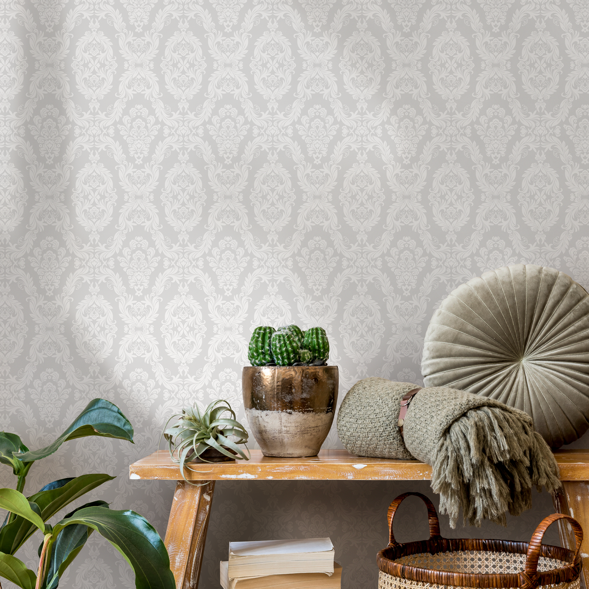 Victorian Wallpaper with an Intricate Damask Motif in Gray and Light Gray - detail view