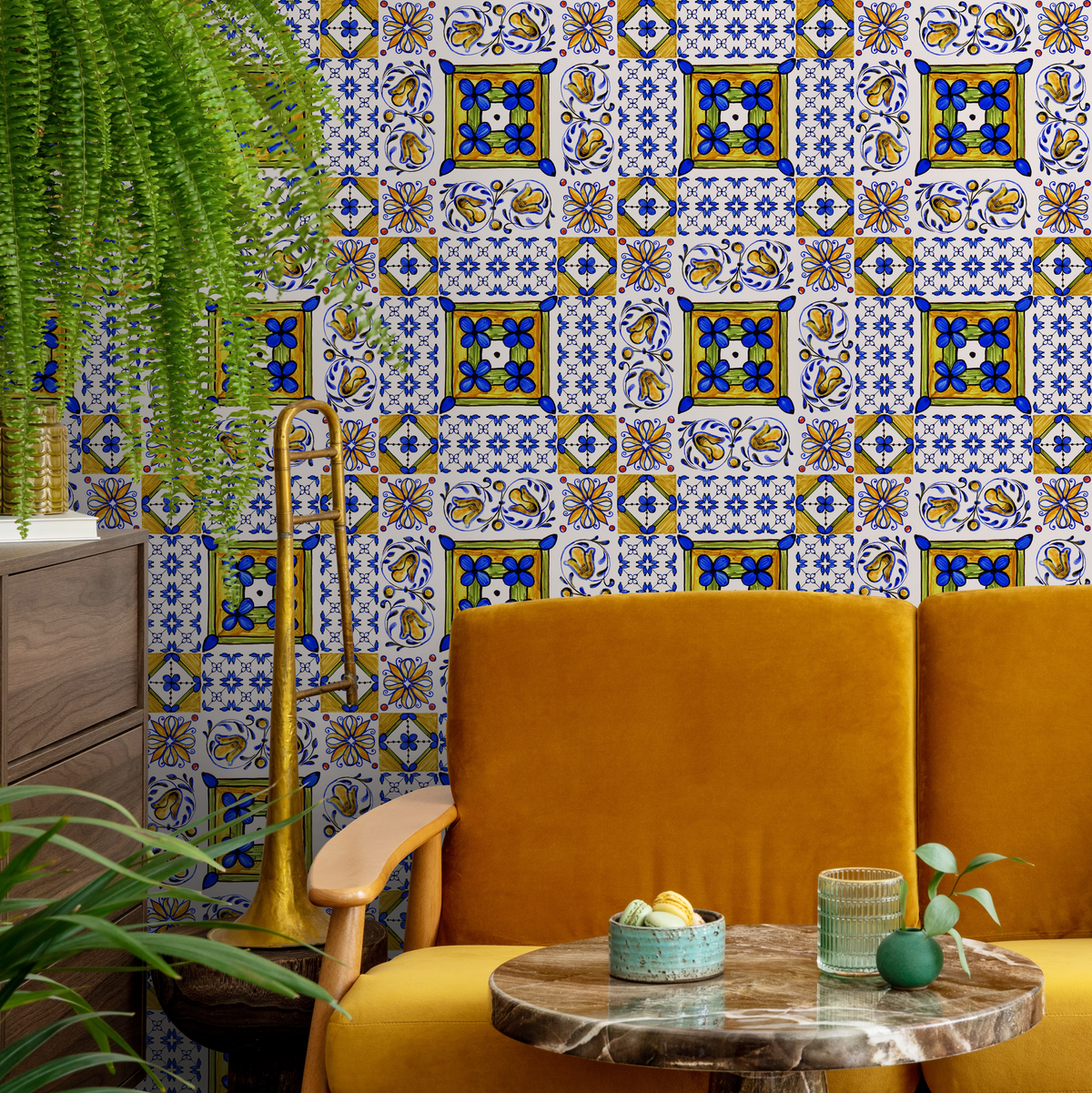 Tile Wallpaper with a Portuguese Azulejo Motif in Blue, Yellow, and Green - detail view