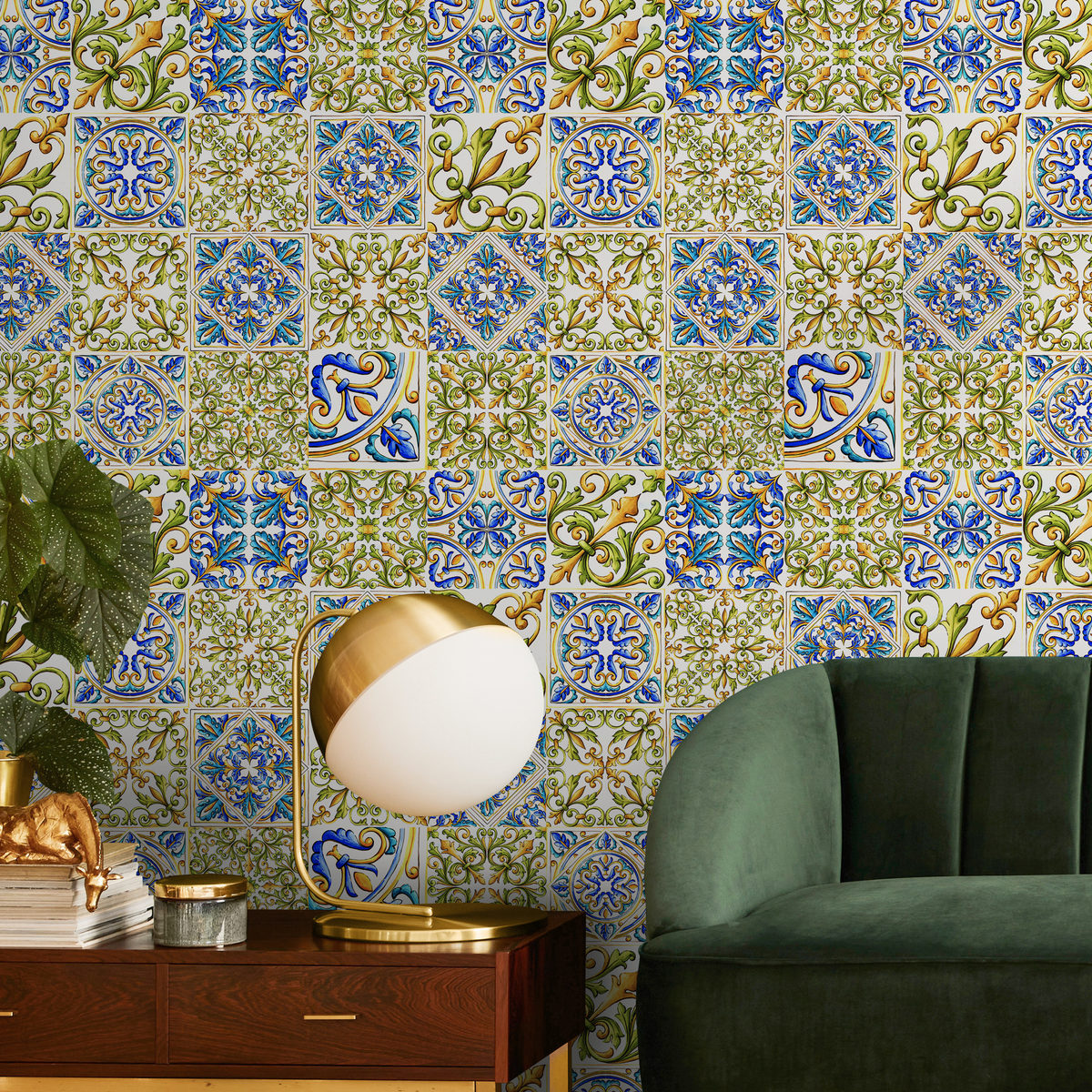 Tile Wallpaper with a Mediterranean Arabesque Motif in Blue, Green, and Yellow - detail view