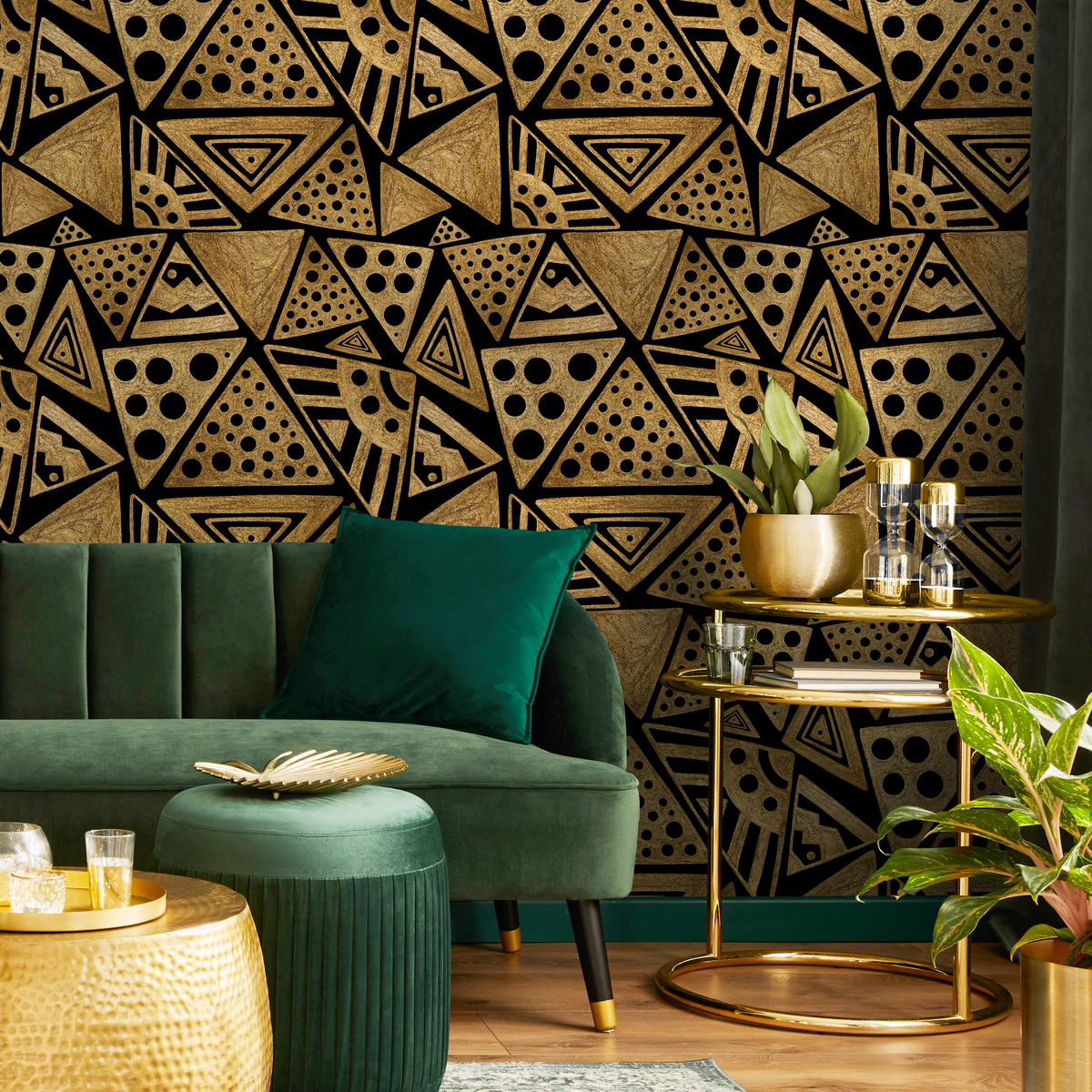 Tribal Abstract Wallpaper with a Sketched Triangle Motif in Gold and Black - detail view