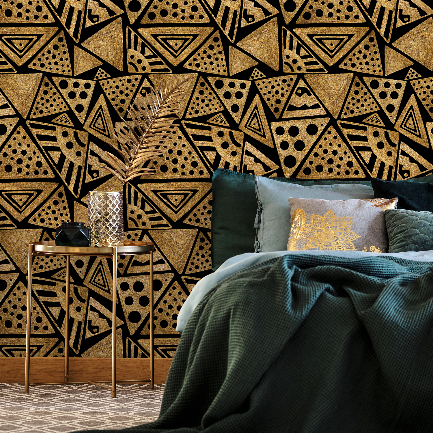 Tribal Wallpaper with a Sketched Triangle Motif in Gold and Black - C341