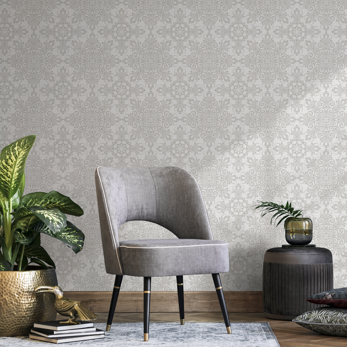 Damask Wallpaper with an Intricate Medallion Motif in Light Gray - detail view