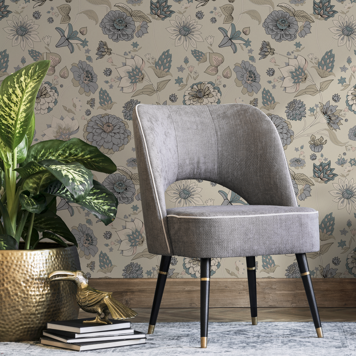 Floral Wallpaper with a Vintage Botanical Motif in Blue, Beige, and Cream - detail view
