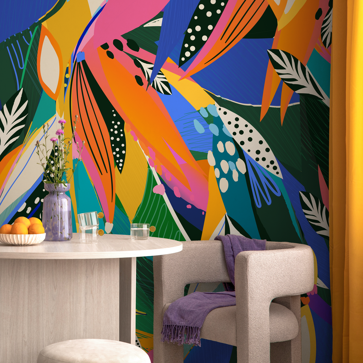 Tropical Wallpaper with Abstract Leaves in Green, Blue, and Pink - detail view