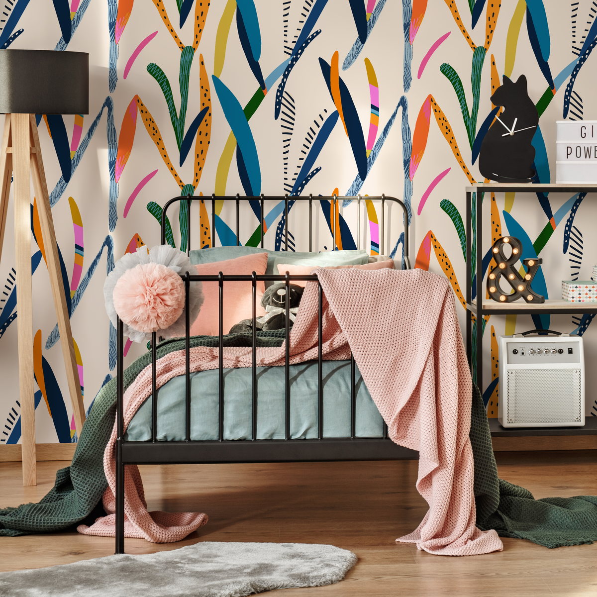 Modern Abstract Wallpaper with Vibrant Botanical Forms in Orange, Blue, and Green - detail view