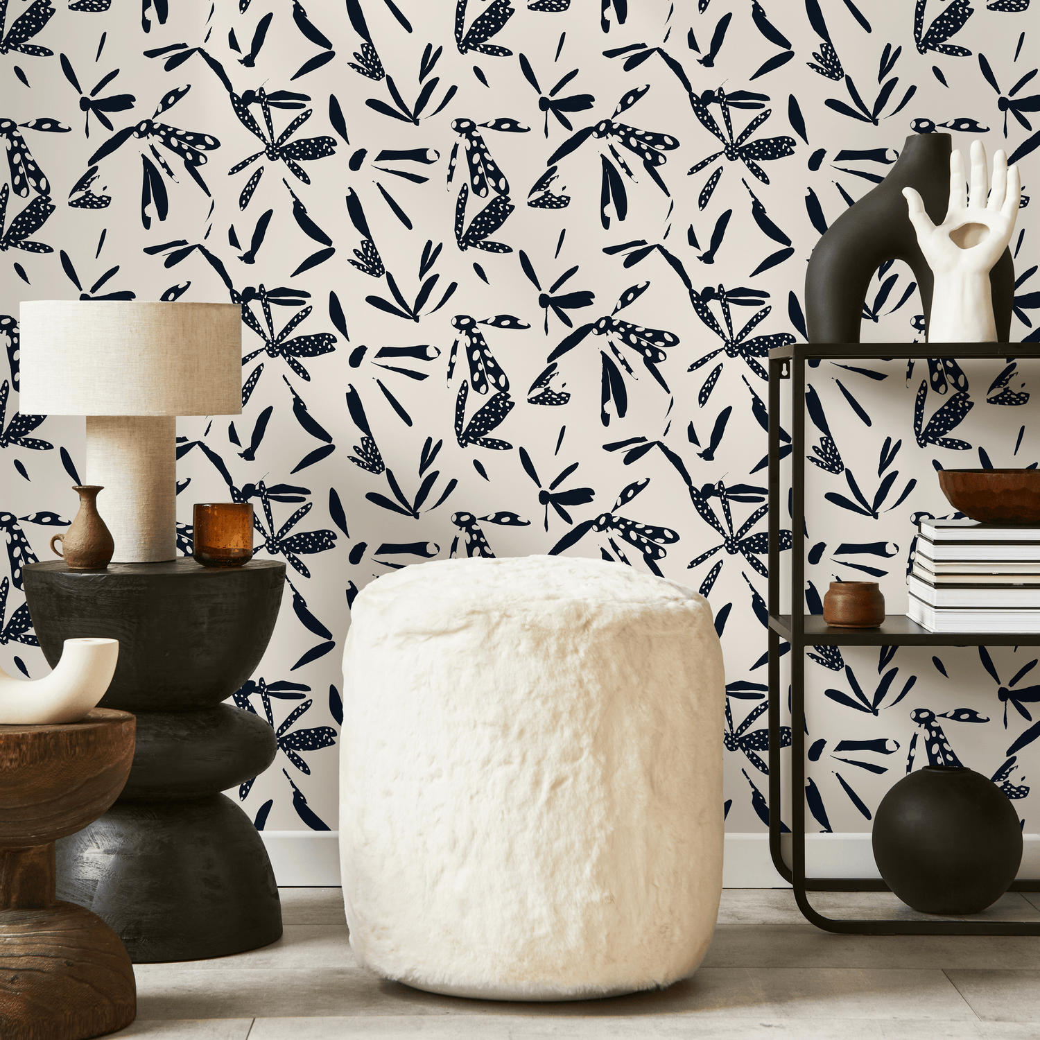 Abstract Wallpaper with Stylized Dragonflies in Navy and Cream - C348
