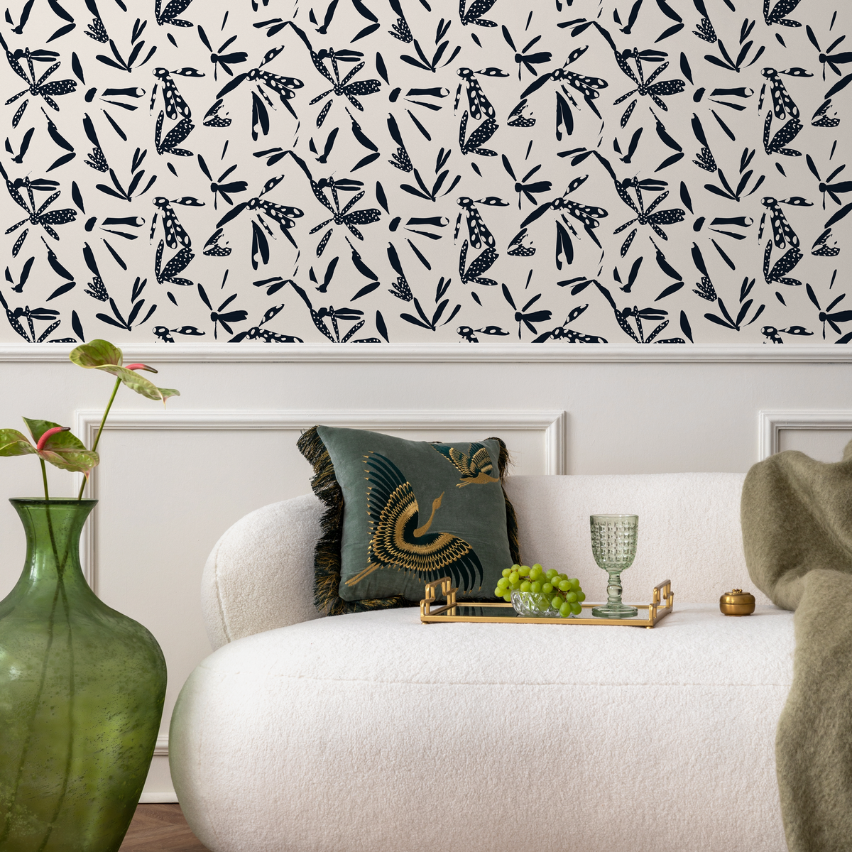 Abstract Wallpaper with Stylized Dragonflies in Navy and Cream - detail view