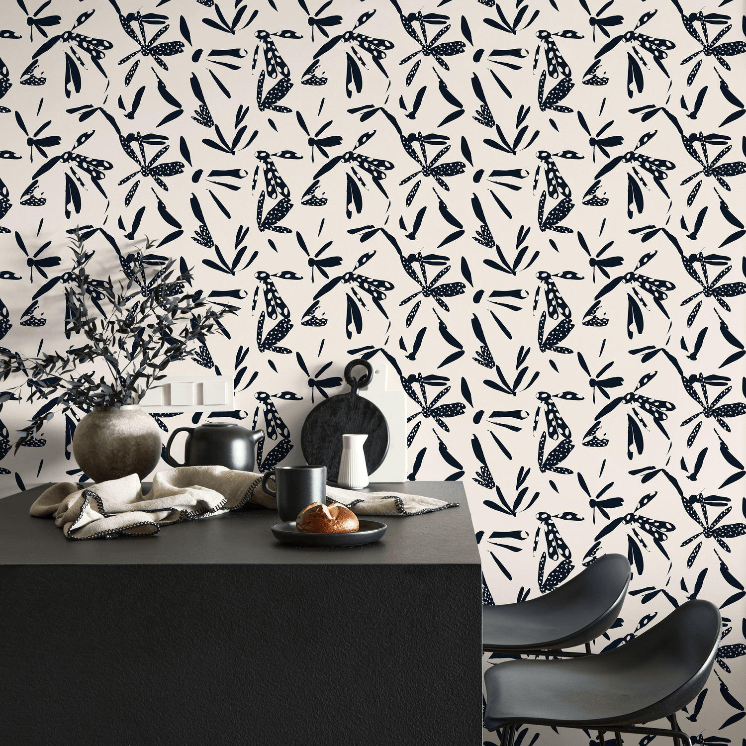 Abstract Wallpaper with Stylized Dragonflies in Navy and Cream - C348
