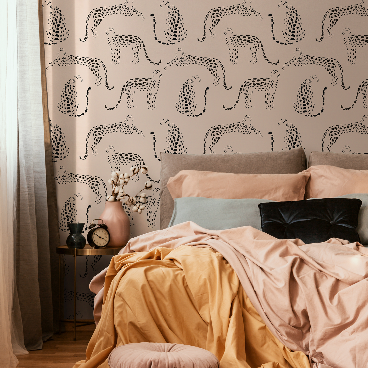 Animal Wallpaper with a Stylized Leopard Print in Warm Cream and Black - detail view