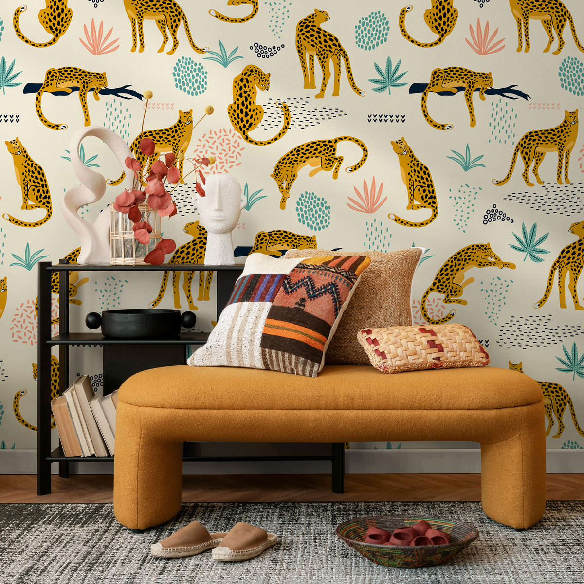 Animal Wallpaper with Stylized Leopards in Yellow, Teal, and Pink - detail view