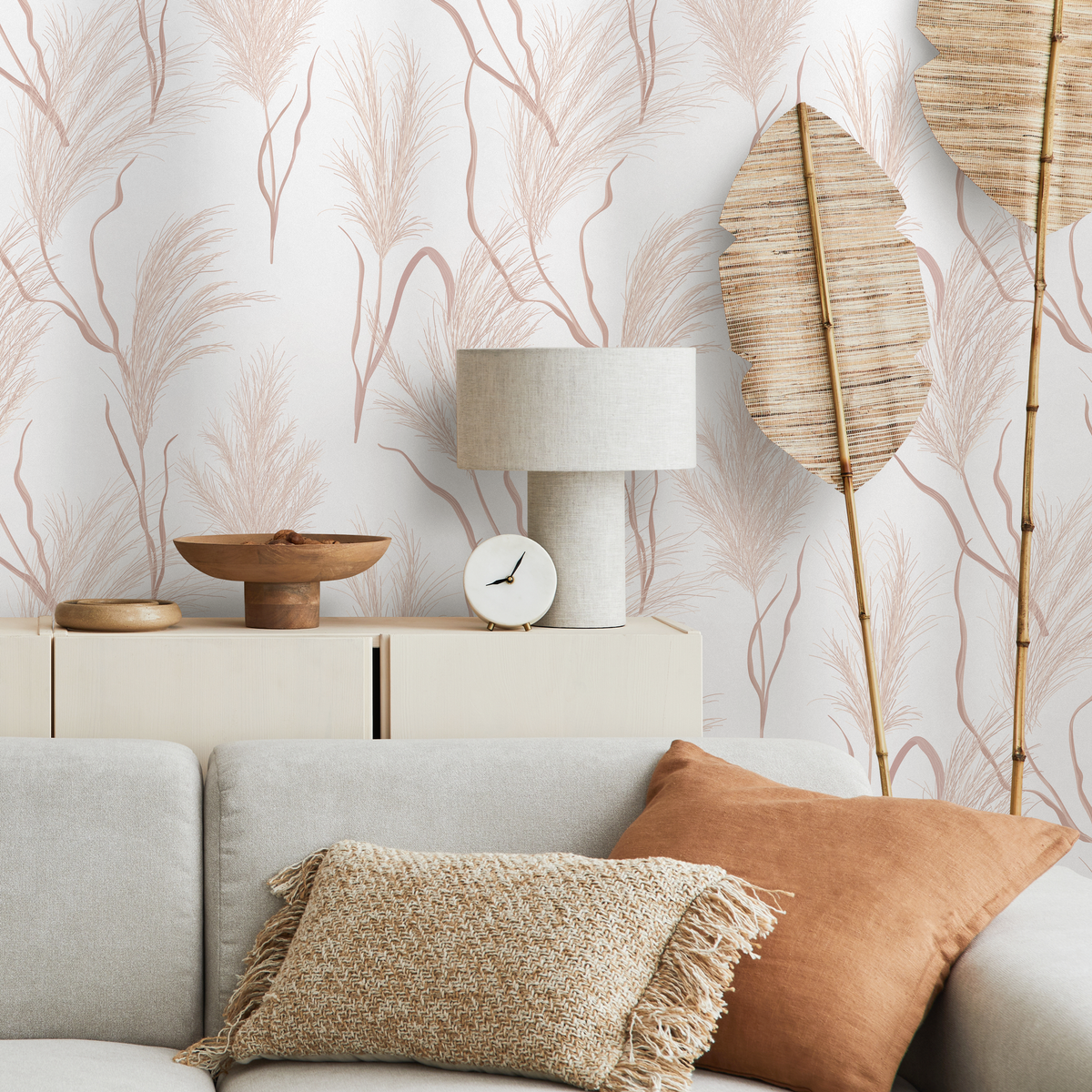 Botanical Wallpaper with Delicate Pampas Grass in Dusty Pink - detail view