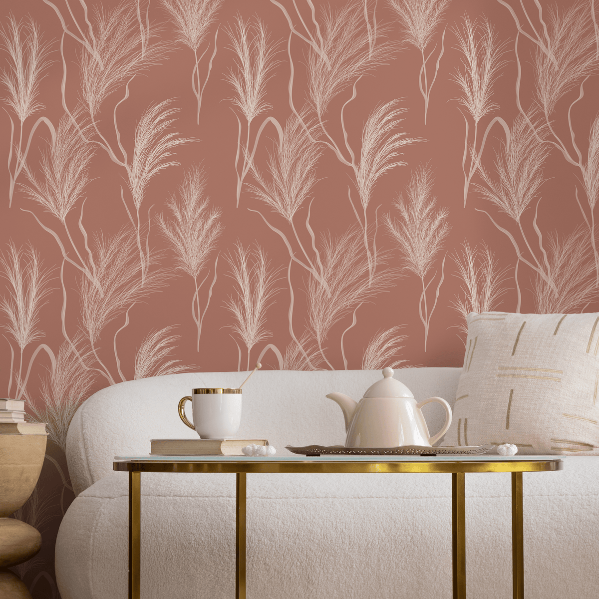 Botanical Wallpaper featuring Pampas Grass in Terracotta and White - detail view