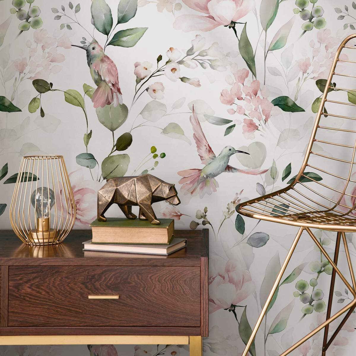 Animal Wallpaper with Hummingbirds and Flowers in Pink and Green - detail view