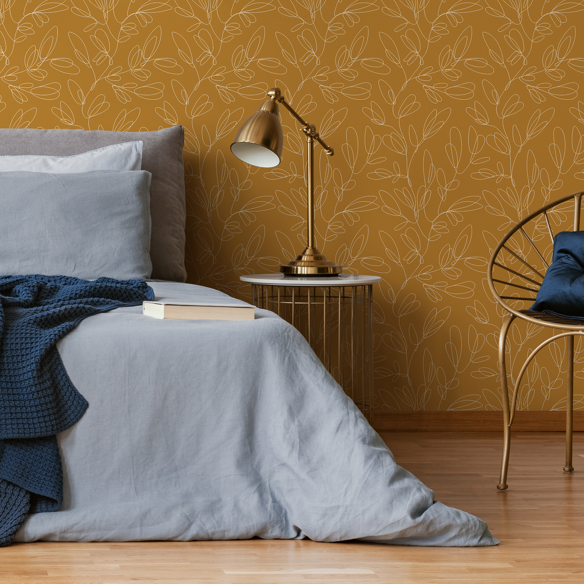 Botanical Wallpaper with a Delicate Leaf Outline in Mustard Yellow and White - detail view