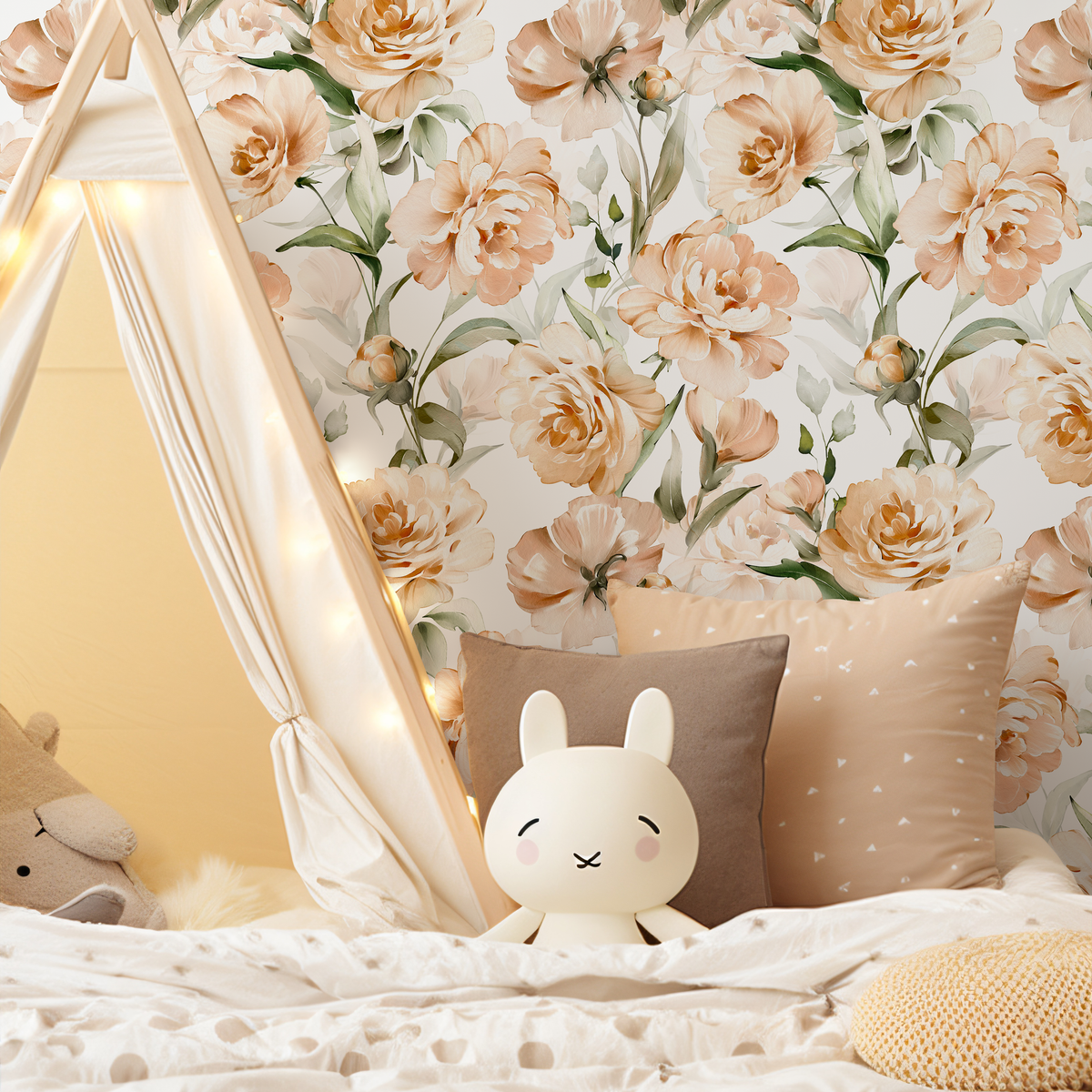 Floral Wallpaper with Watercolor Peonies in Peach and Green - detail view