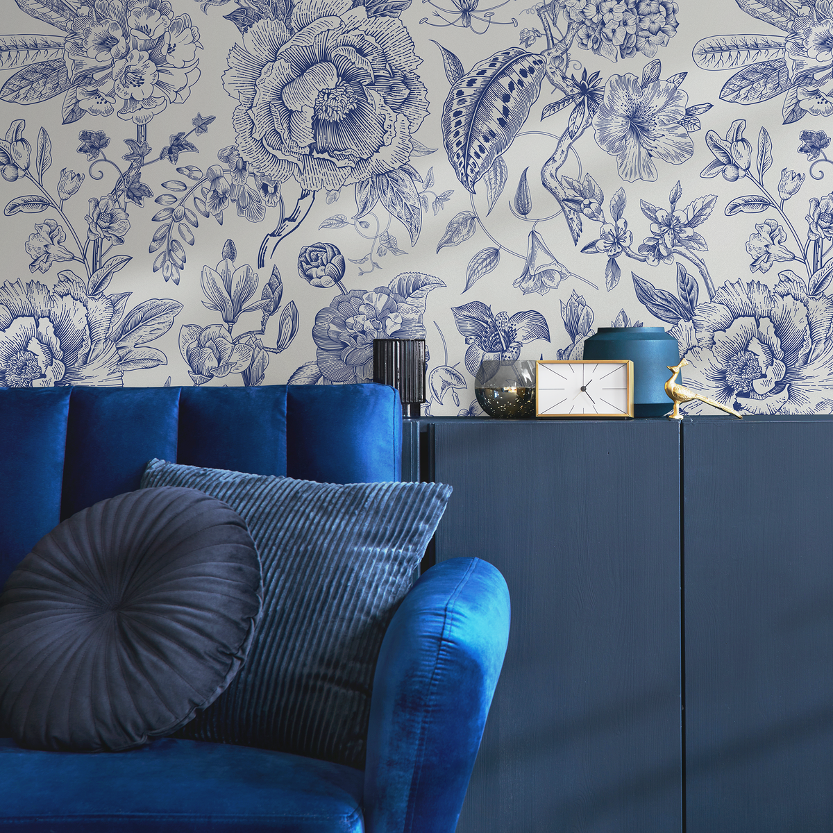 Floral Wallpaper with a Vintage Toile Motif in Blue and Cream - detail view