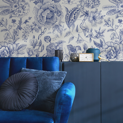 Blue Vintage Floral Wallpaper Peel and Stick and Traditional Wallpaper - C359