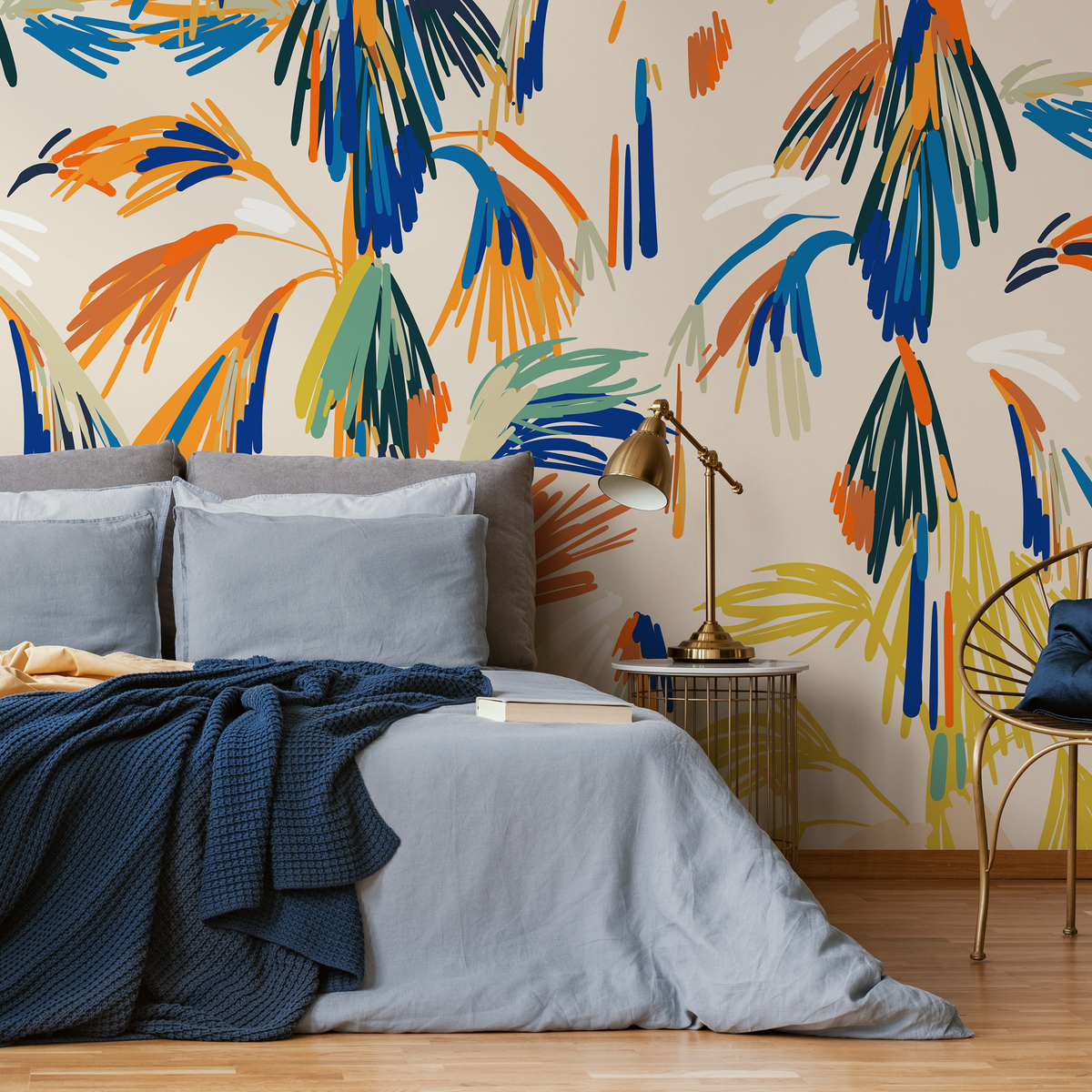 Abstract Wallpaper with Painterly Palm Leaves in Blue, Orange, and Yellow - detail view