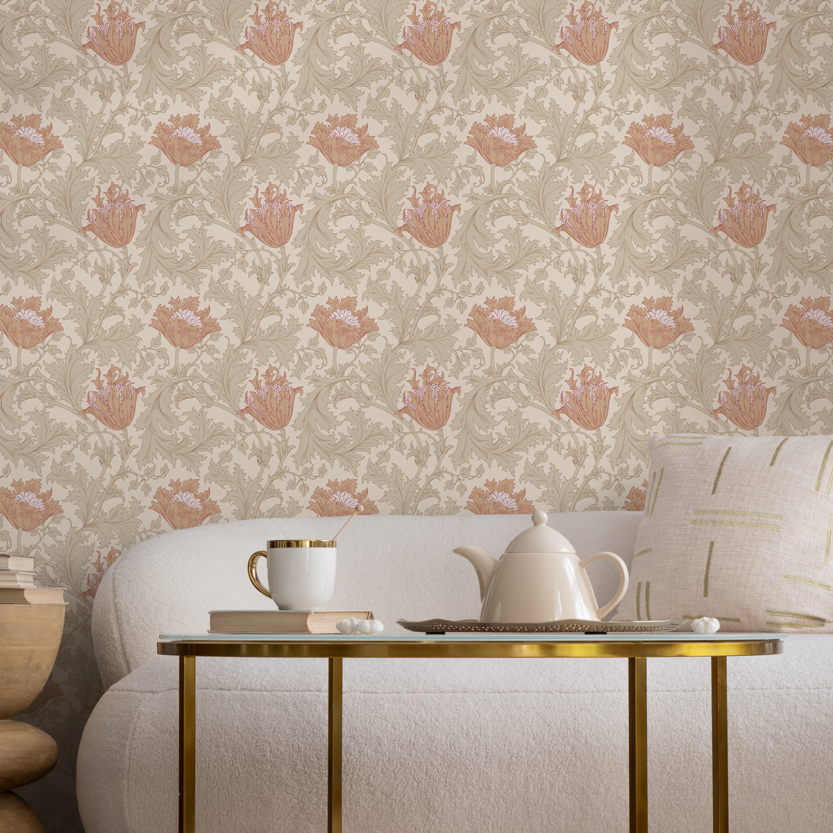 Art Nouveau Wallpaper with Stylized Tulips in Beige, Green, and Terracotta - detail view