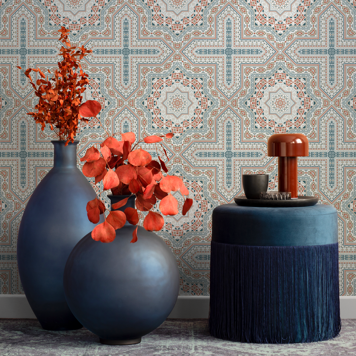 Geometric Wallpaper with a Marrakech Tile Pattern in Teal and Terracotta - detail view