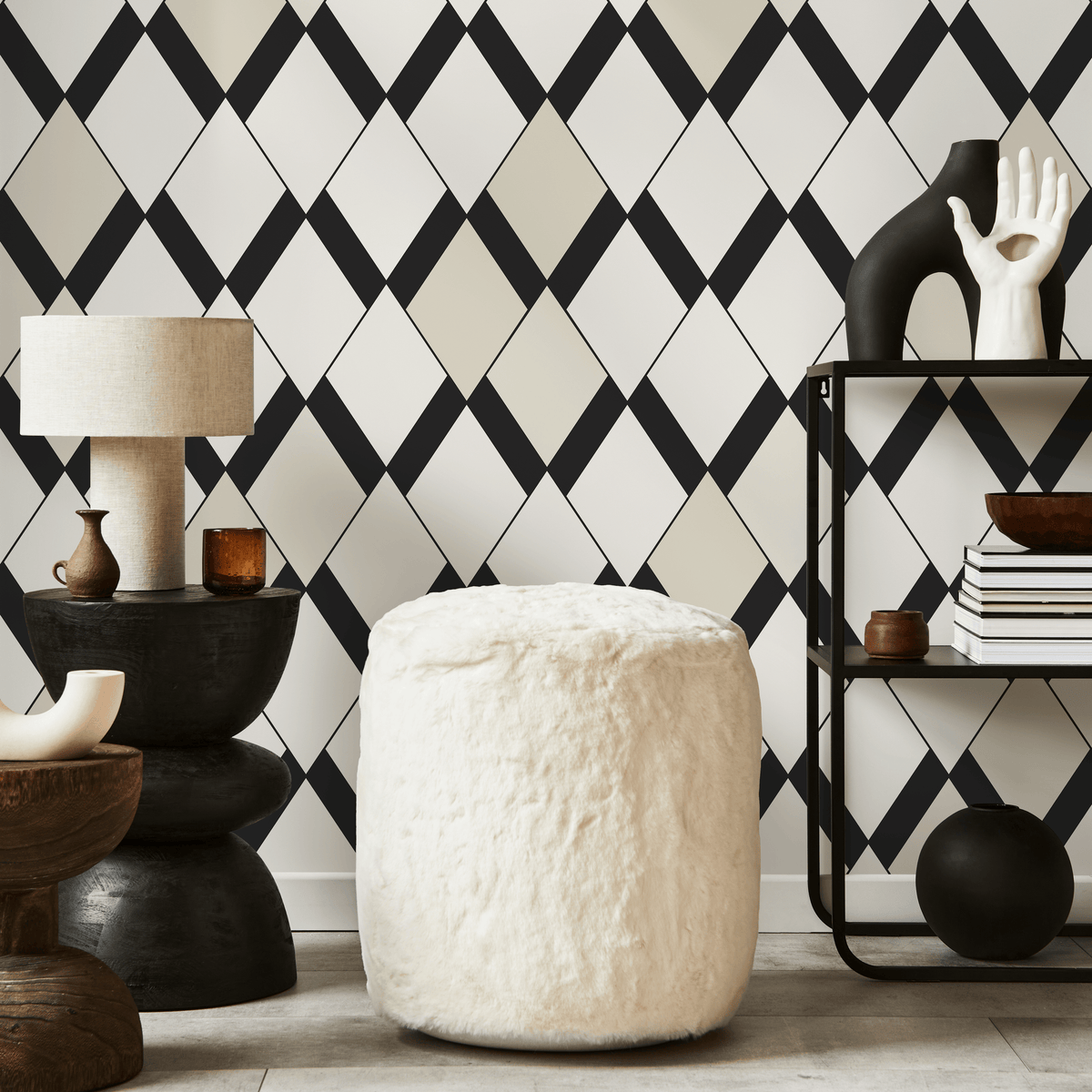 Geometric Wallpaper with a Modern Diamond Motif in Black, Cream, and Beige - detail view