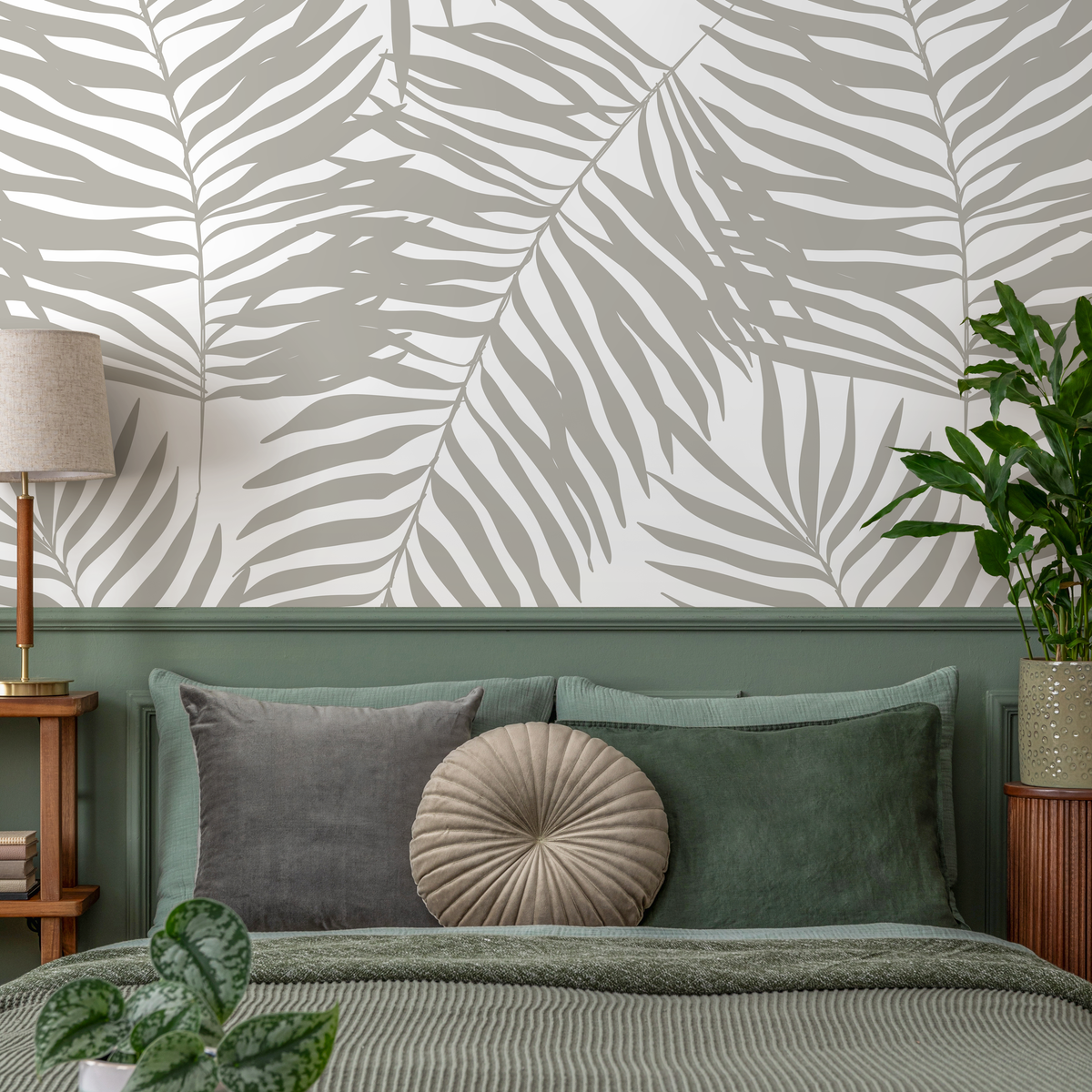 Tropical Wallpaper with a Palm Leaf Motif in Greige - detail view