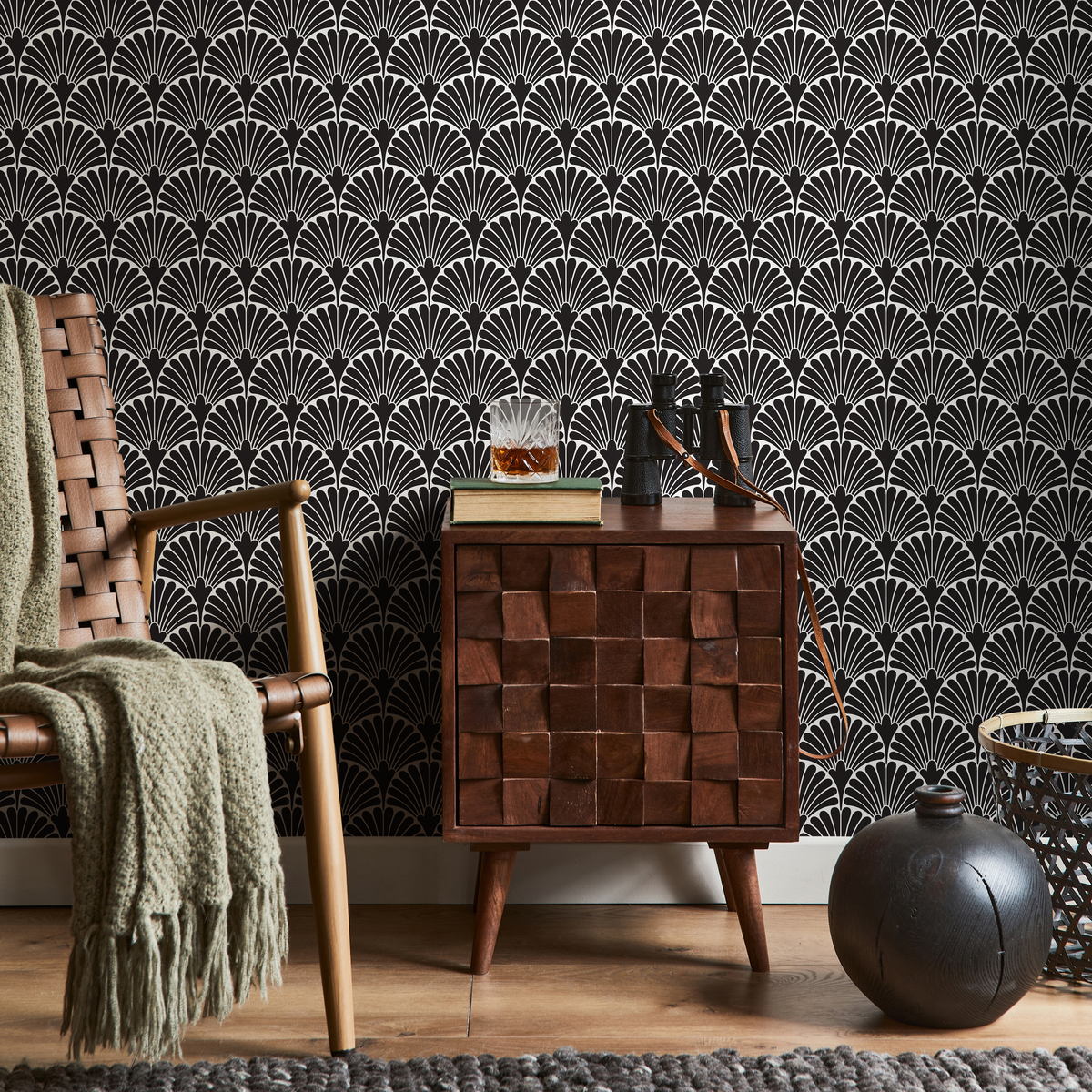 Geometric Wallpaper with a Fan Motif in Black and White - detail view