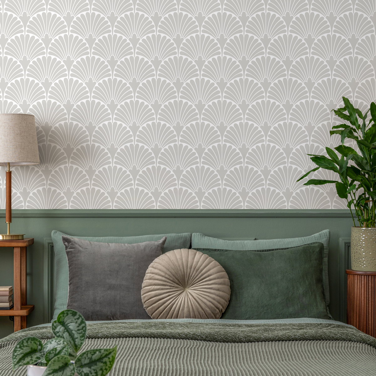 Art Deco Wallpaper with a Stylized Fan Motif in Gray and White - detail view