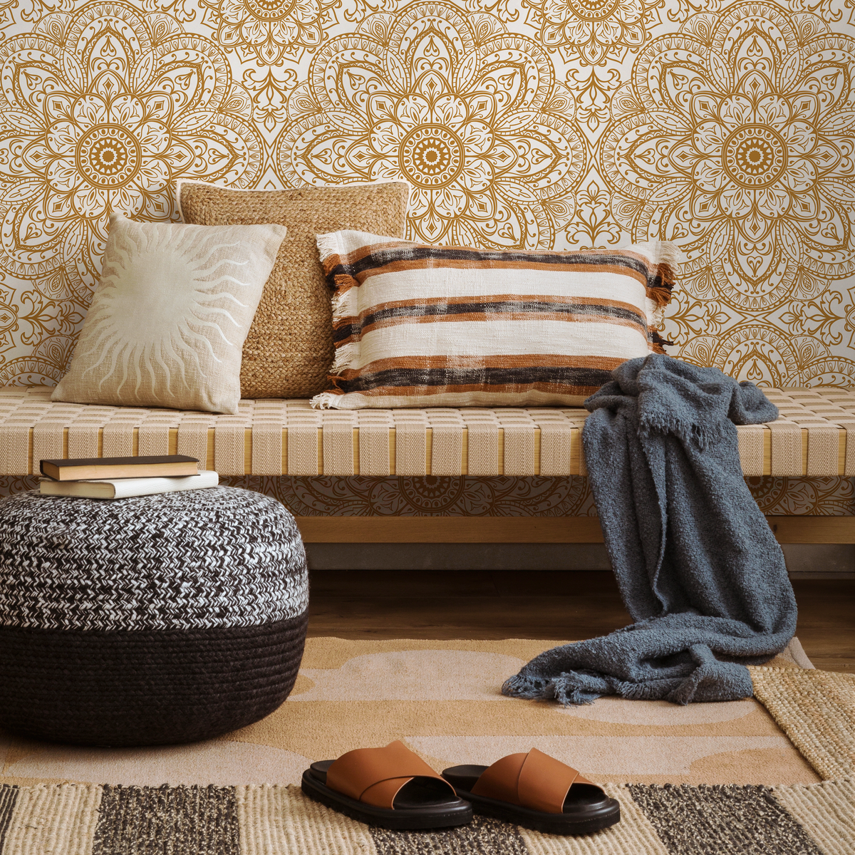Mosaic Wallpaper with Intricate Mandala Medallions in Orange and White - detail view