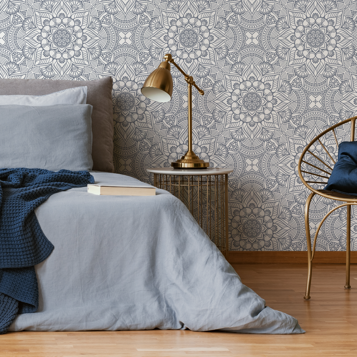 Mandala Wallpaper with an Intricate Arabian Mosaic in Blue - detail view