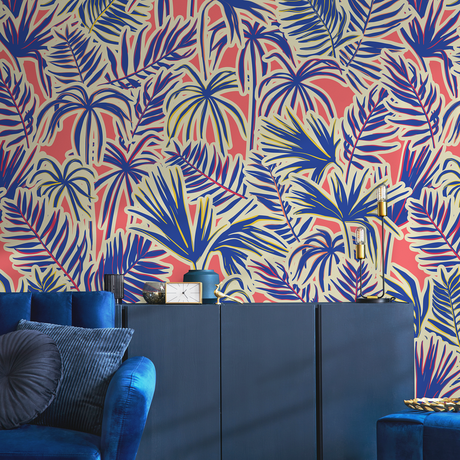 Papier peint autocollant amovible, décoration d'intérieur, art mural, décoration murale, décoration de chambre / Papier peint tropical bleu - C371