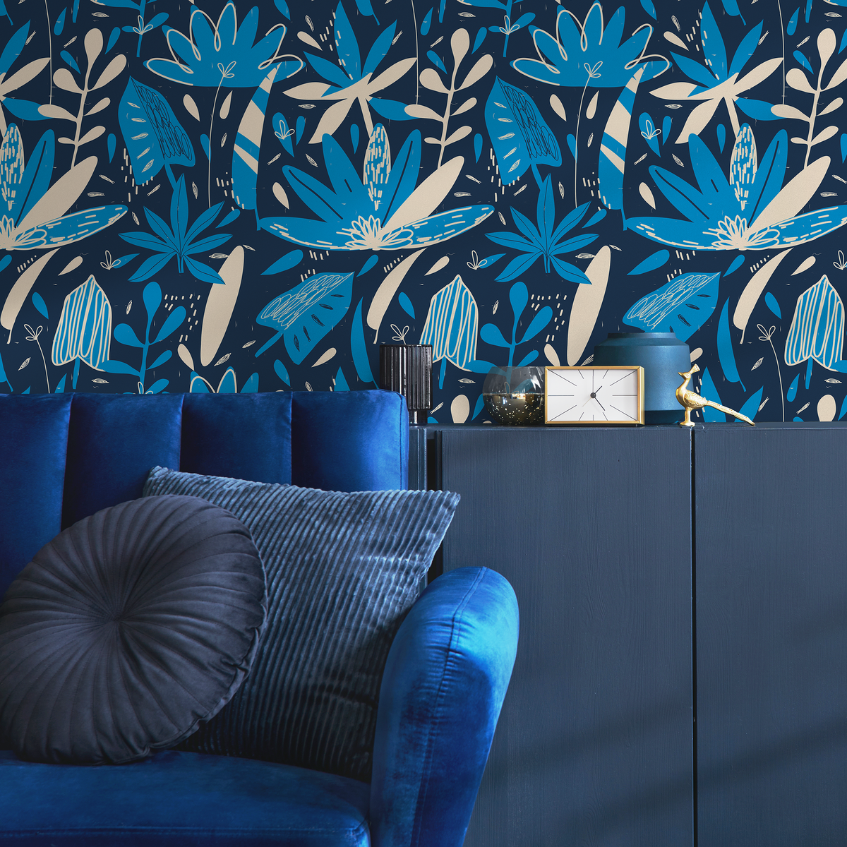 Leaf Wallpaper with a Bold Botanical Motif in Navy Blue, Blue, and Beige - detail view