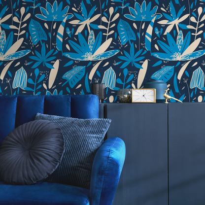 Wallpaper Peel and Stick Wallpaper Removable Wallpaper Home Decor Wall Art Wall Decor Room Decor / Blue Abstract Leaves Wallpaper - C372