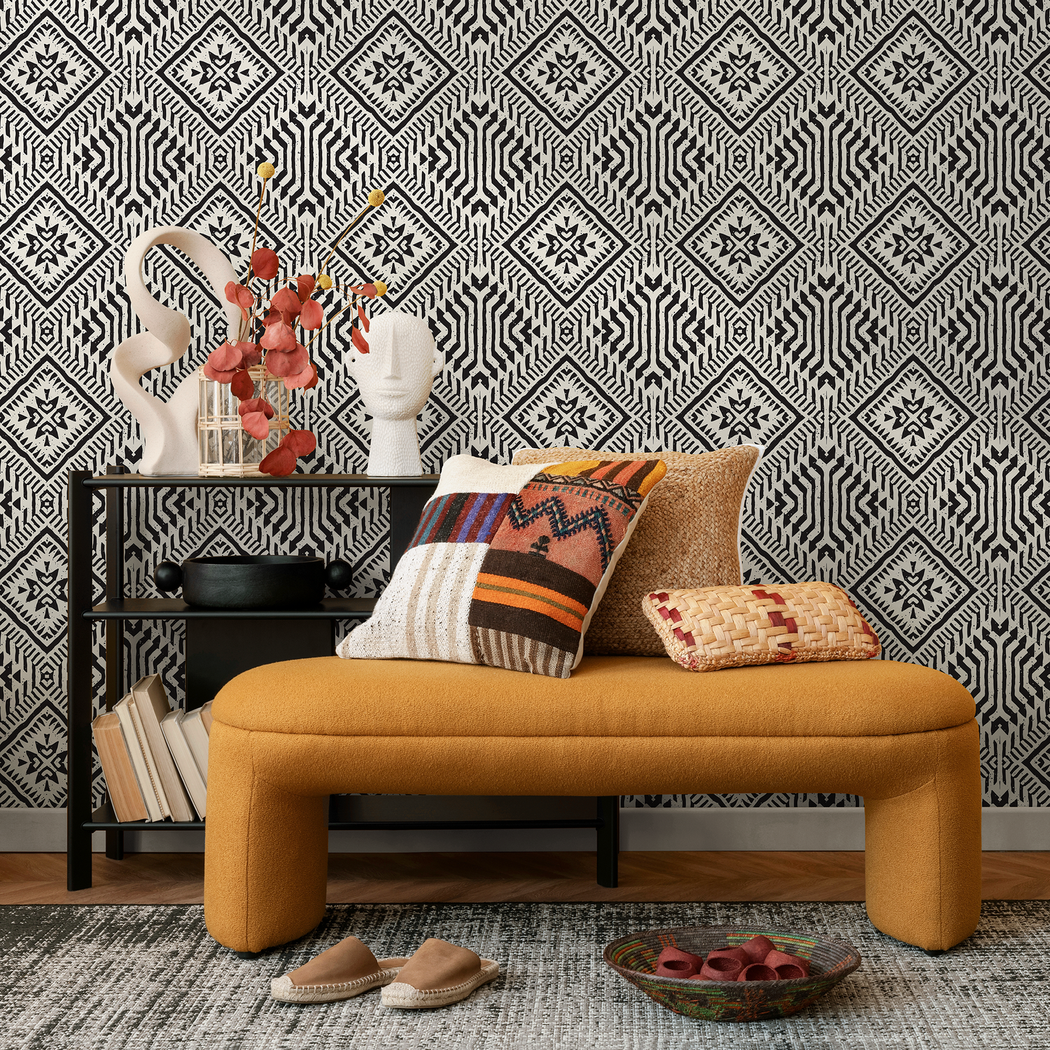 Papier peint autocollant amovible, décoration d'intérieur, art mural, décoration murale, décoration de chambre / Papier peint géométrique noir africain - C373
