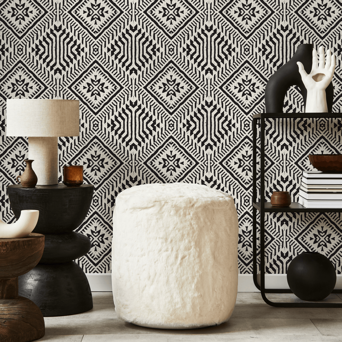 African Wallpaper with a Tribal Diamond Pattern in Black and Cream - detail view