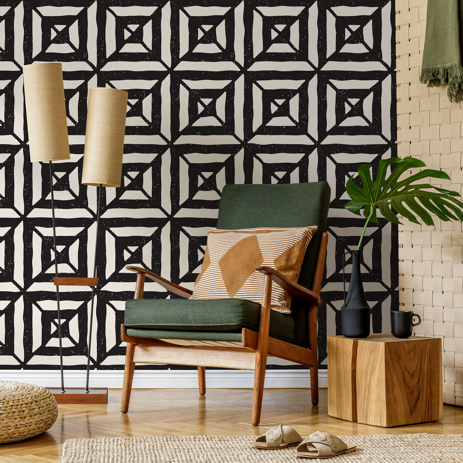 Papel tapiz autoadhesivo, papel tapiz extraíble, decoración del hogar, arte de pared, decoración de habitaciones, papel tapiz moderno geométrico negro - C375