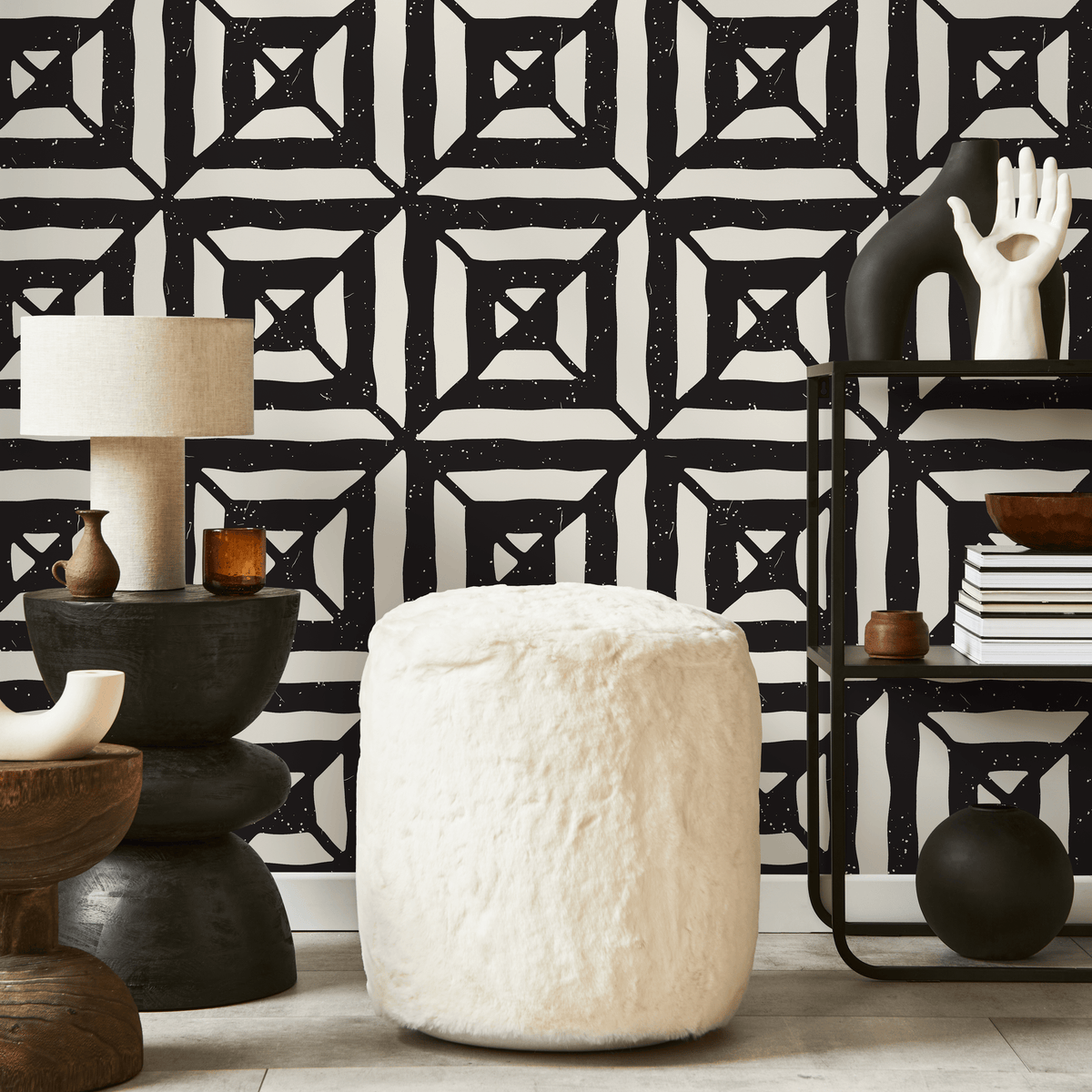 Geometric Wallpaper with a Distressed Tile Motif in Black and Cream - detail view