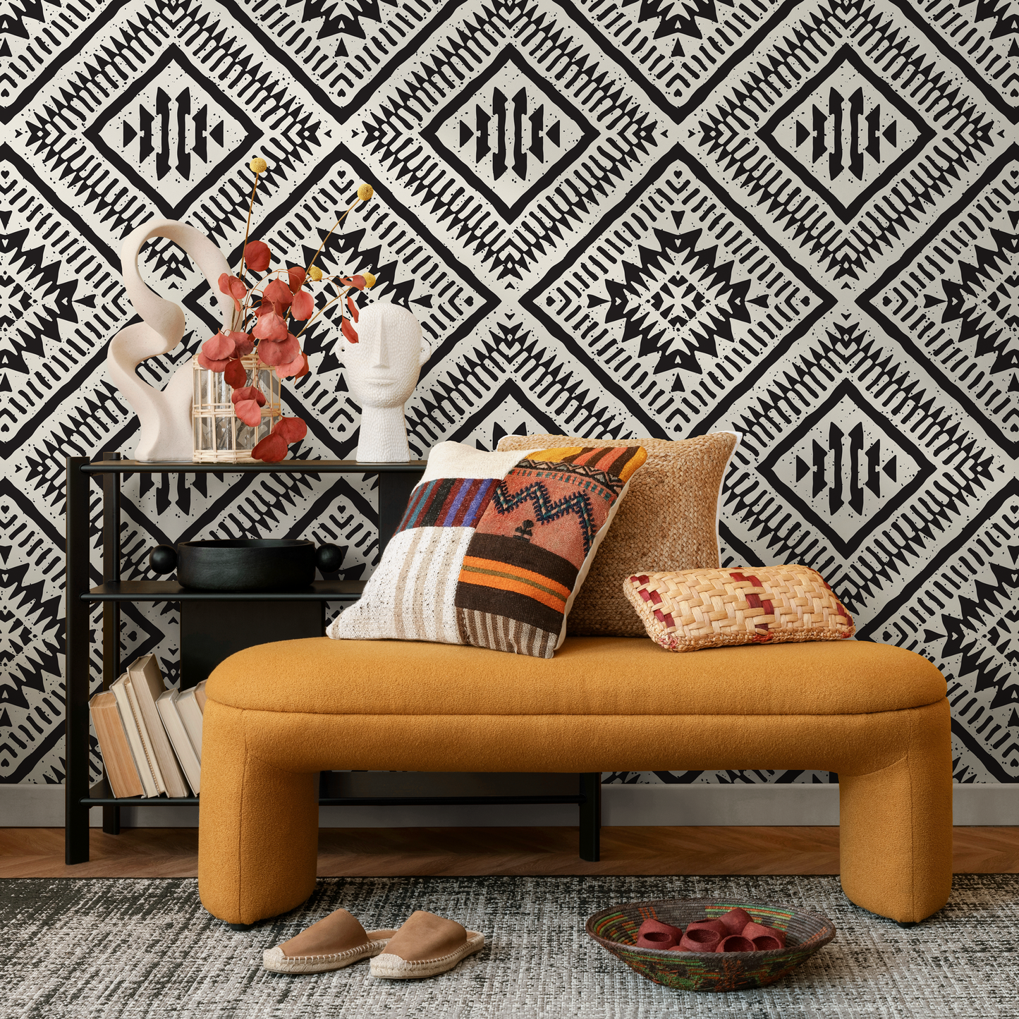 Wallpaper Peel and Stick Wallpaper Removable Wallpaper Home Decor Wall Art Wall Decor Room Decor / Black Geometric African Wallpaper - C376