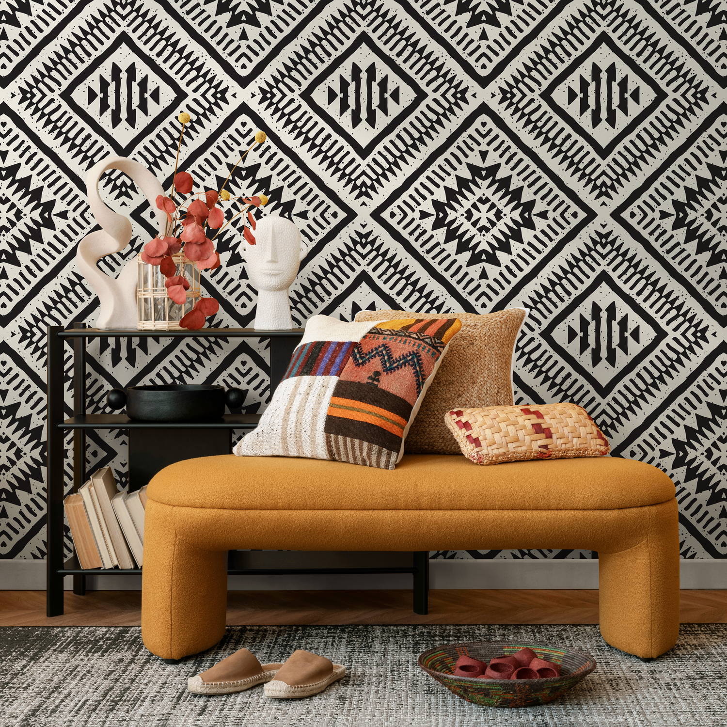 Papel tapiz autoadhesivo, papel tapiz extraíble, decoración del hogar, arte de pared, decoración de habitaciones / Papel tapiz africano geométrico negro - C376