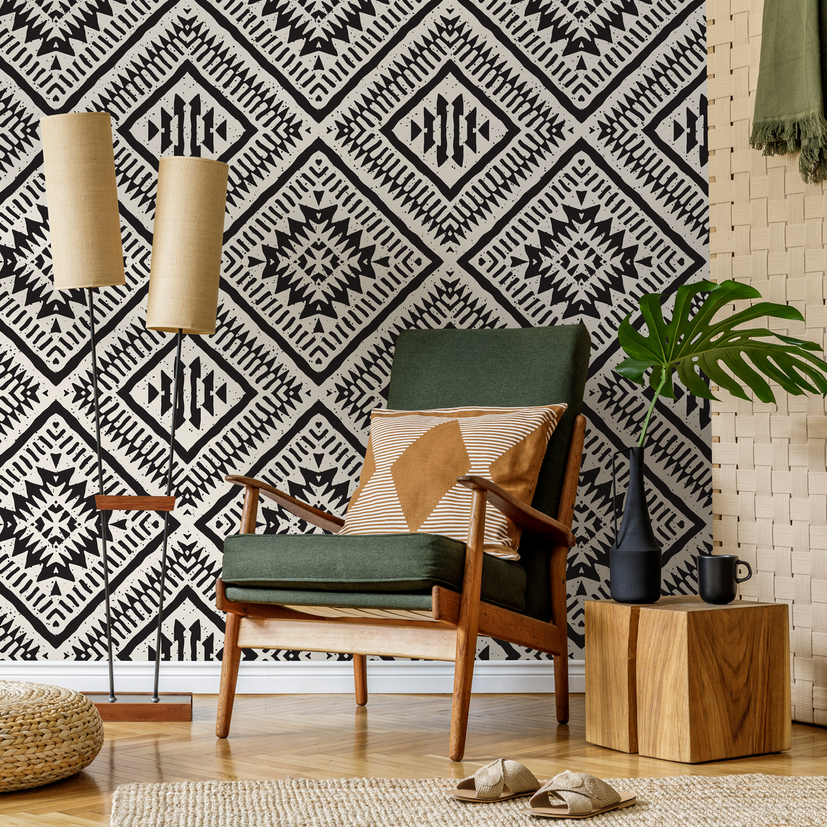 African Wallpaper with a Bold Tribal Diamond Motif in Black and Cream - detail view