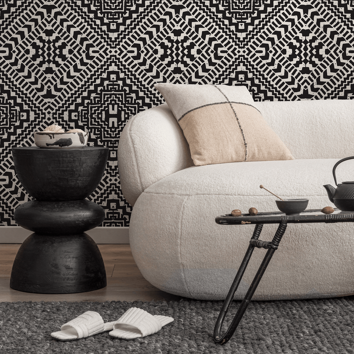Geometric Wallpaper with an African Mudcloth Motif in Black and Cream - detail view
