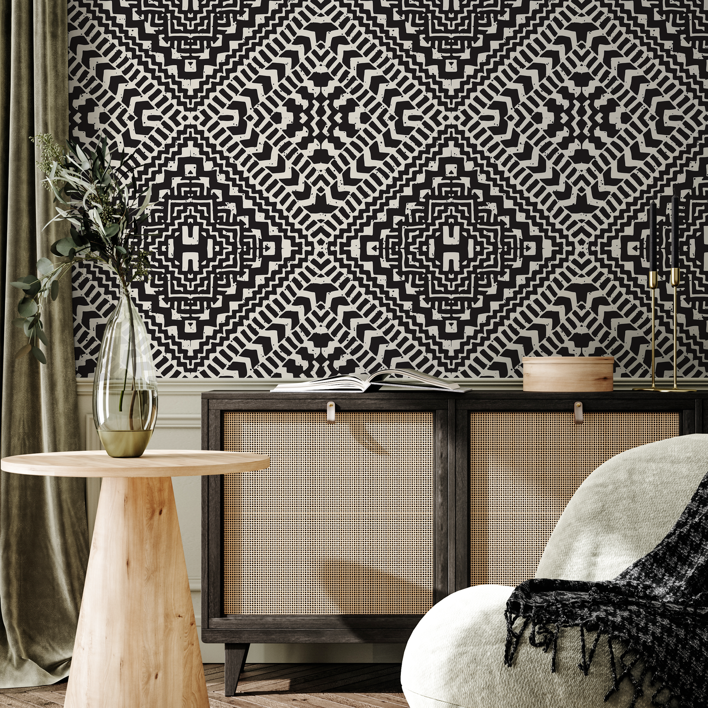 Wallpaper Peel and Stick Wallpaper Removable Wallpaper Home Decor Wall Art Wall Decor Room Decor / Black Geometric African Wallpaper - C377