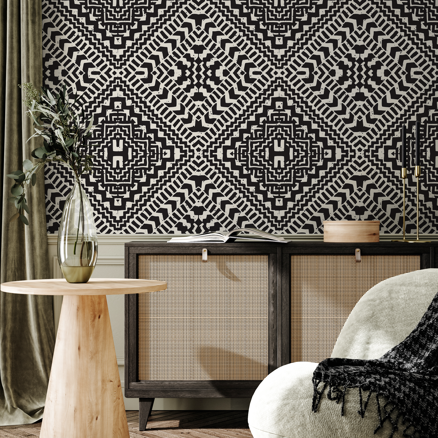 Papel tapiz autoadhesivo, papel tapiz extraíble, decoración del hogar, arte de pared, decoración de habitaciones / Papel tapiz africano geométrico negro - C377