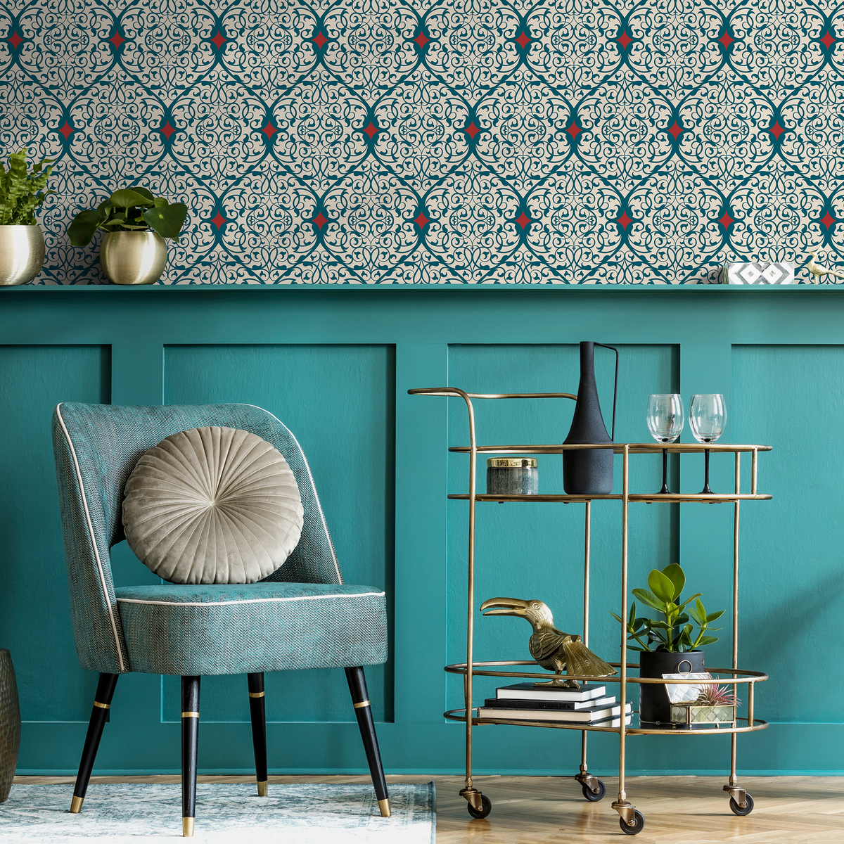 Damask Wallpaper with an Intricate Arabesque Motif in Teal, Red, and Beige - detail view