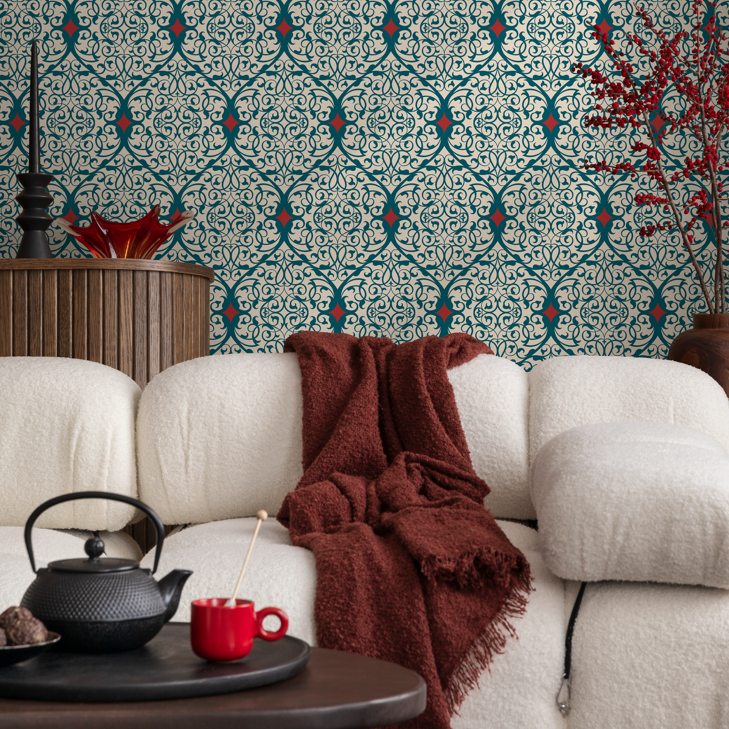 Papel pintado autoadhesivo, papel pintado extraíble, decoración del hogar, arte de pared, decoración de habitaciones, papel pintado vintage azul y rojo - C380