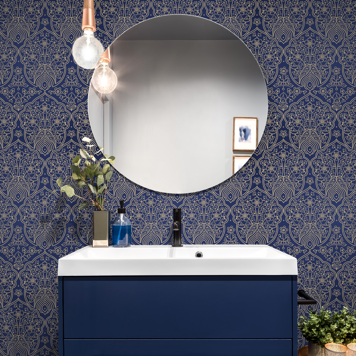 Damask Wallpaper with Intricate Victorian Florals in Navy Blue and Gold - detail view