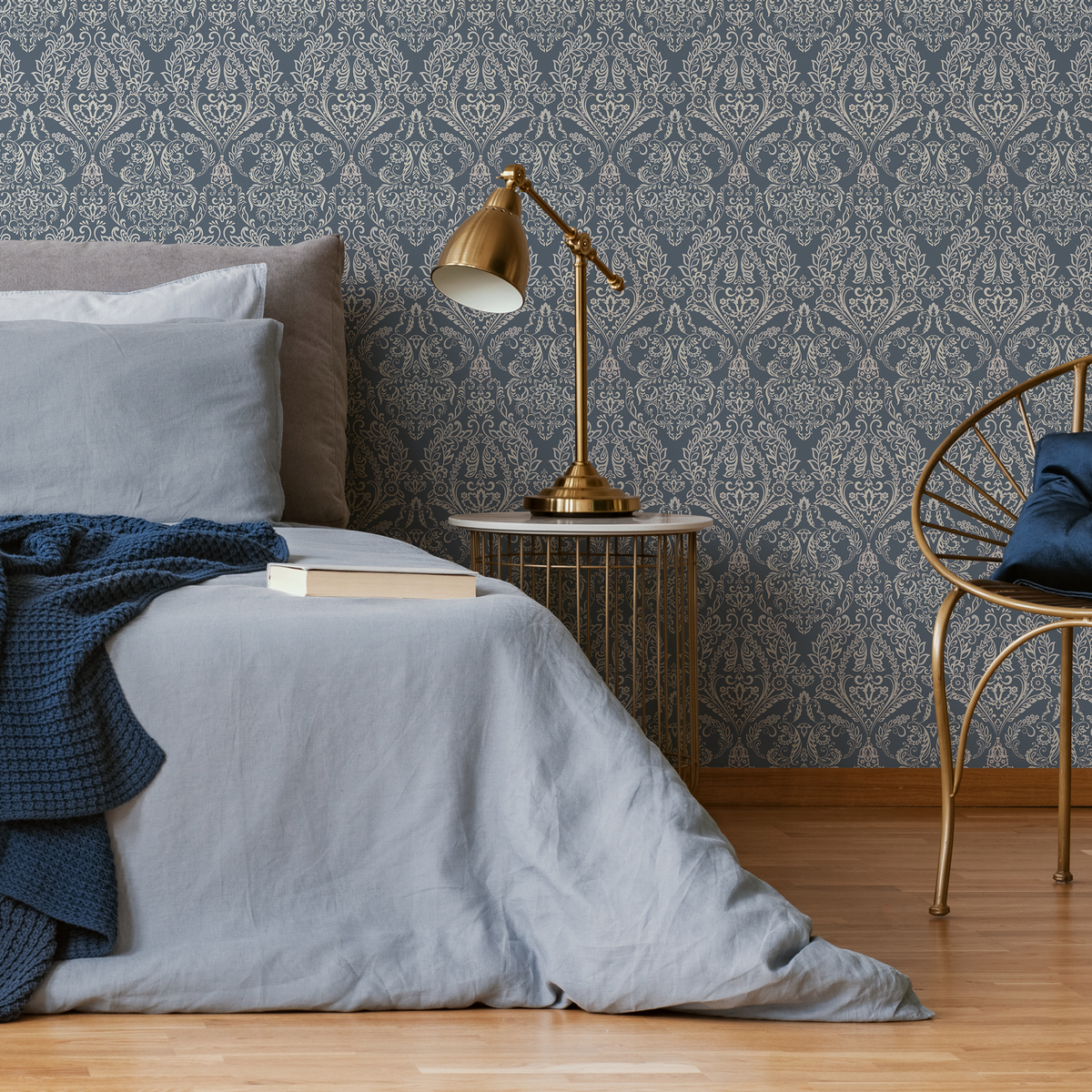 Art Nouveau Wallpaper with an Elegant Damask Motif in Blue and Cream - detail view