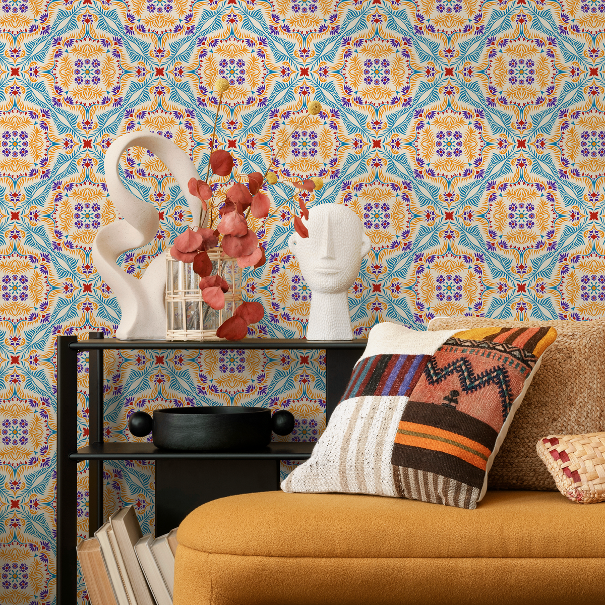 Wallpaper Peel and Stick Wallpaper Removable Wallpaper Home Decor Wall Art Wall Decor Room Decor / Blue and Orange Vintage Wallpaper - C385 - ONDECOR.COM
